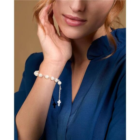 Catholic Rosary Bracelet Mother of Pearl Beads Cross Religious Gift for Women Me - Picture 2 of 7